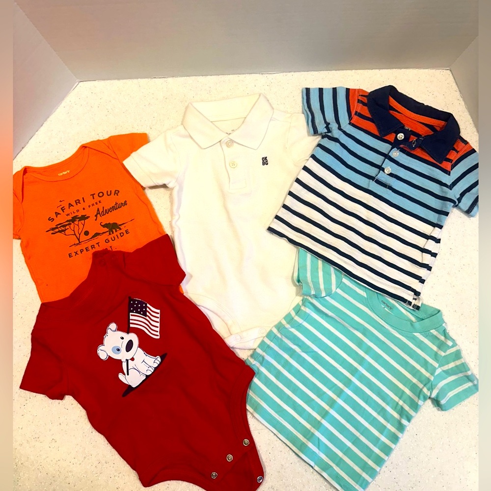 Baby Boy Summer Lot of 6M Clothing! 3 Onesie & 2 Shirts! Carter’s, OshKo…
